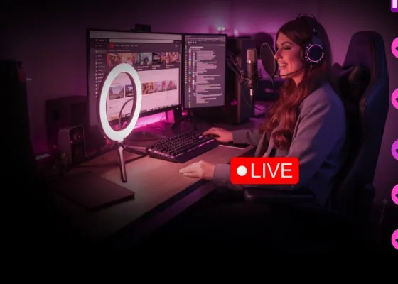 Criadora de conteúdo com headset fazendo uma live em um setup com luzes neon rosa